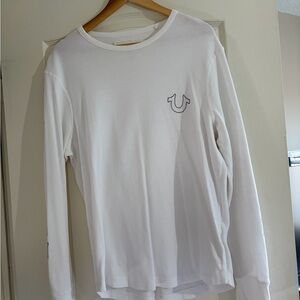 True Religion, Men’s White Long-Sleeve Crew with Embroidered Logo. Large